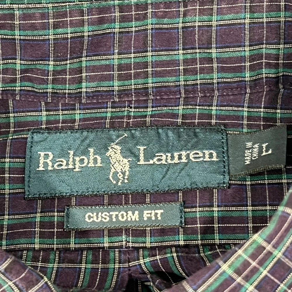 Ralph Lauren Mens Custom Fit Plaid Button Down Shirt Purple Green Cotton Large